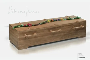 Holzsarg mit bunter Blumenbordüre am Deckel, Serie Lebensfluss