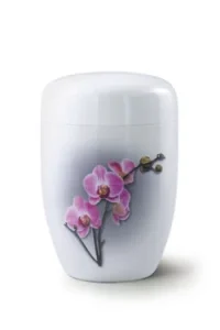 Weiße Urne mit gemalten rosa Orchideen