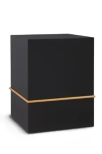 Schwarze, quaderförmige Urne mit goldenem Zierstreifen