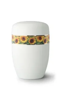 Weiße Urne mit umlaufendem Sonnenblumenband