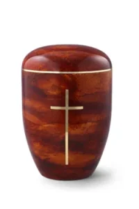 Rotbraune Urne in Holzoptik mit goldenem Kreuz